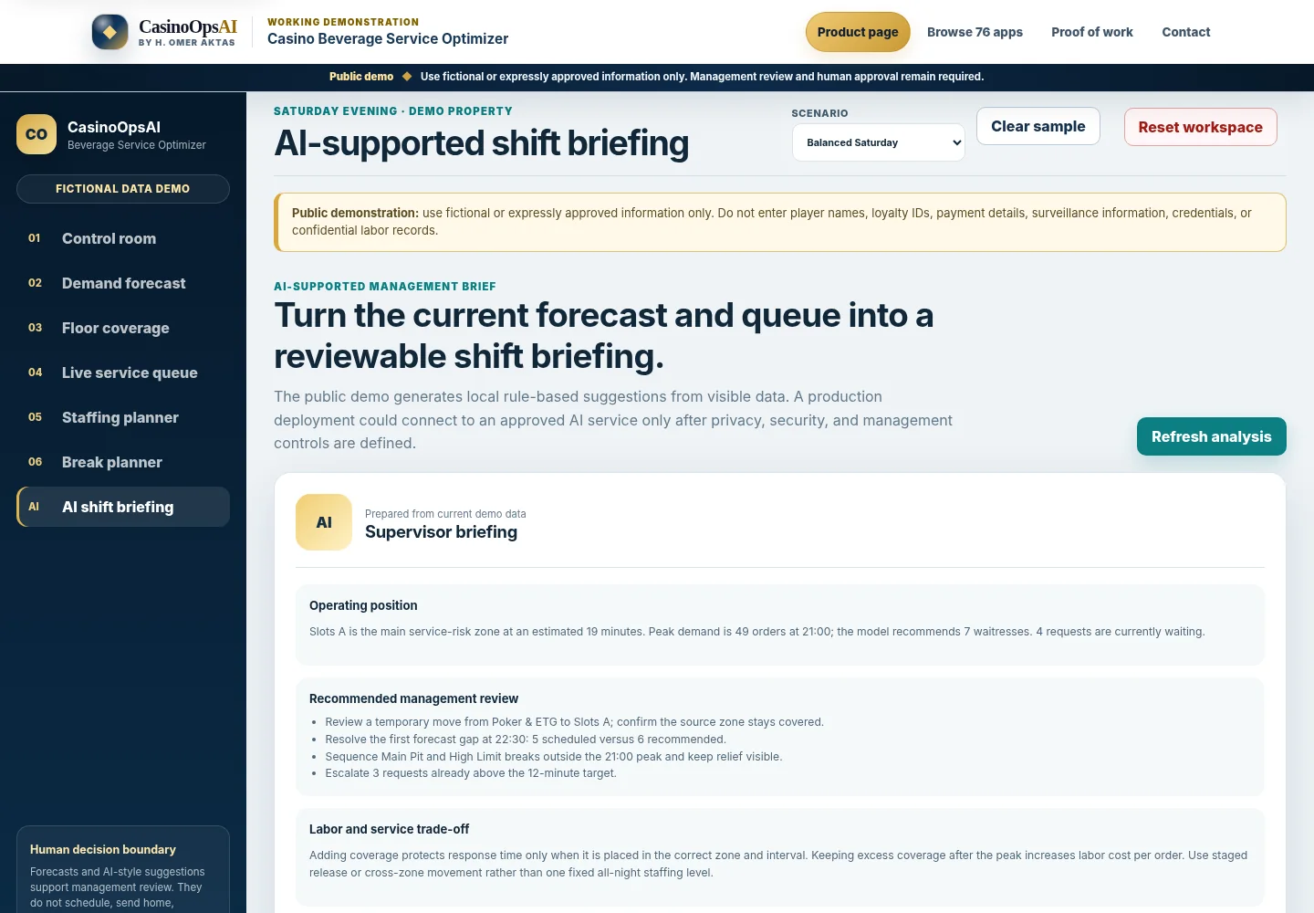 AI-supported shift briefing screen in the Casino Beverage Service Optimizer.