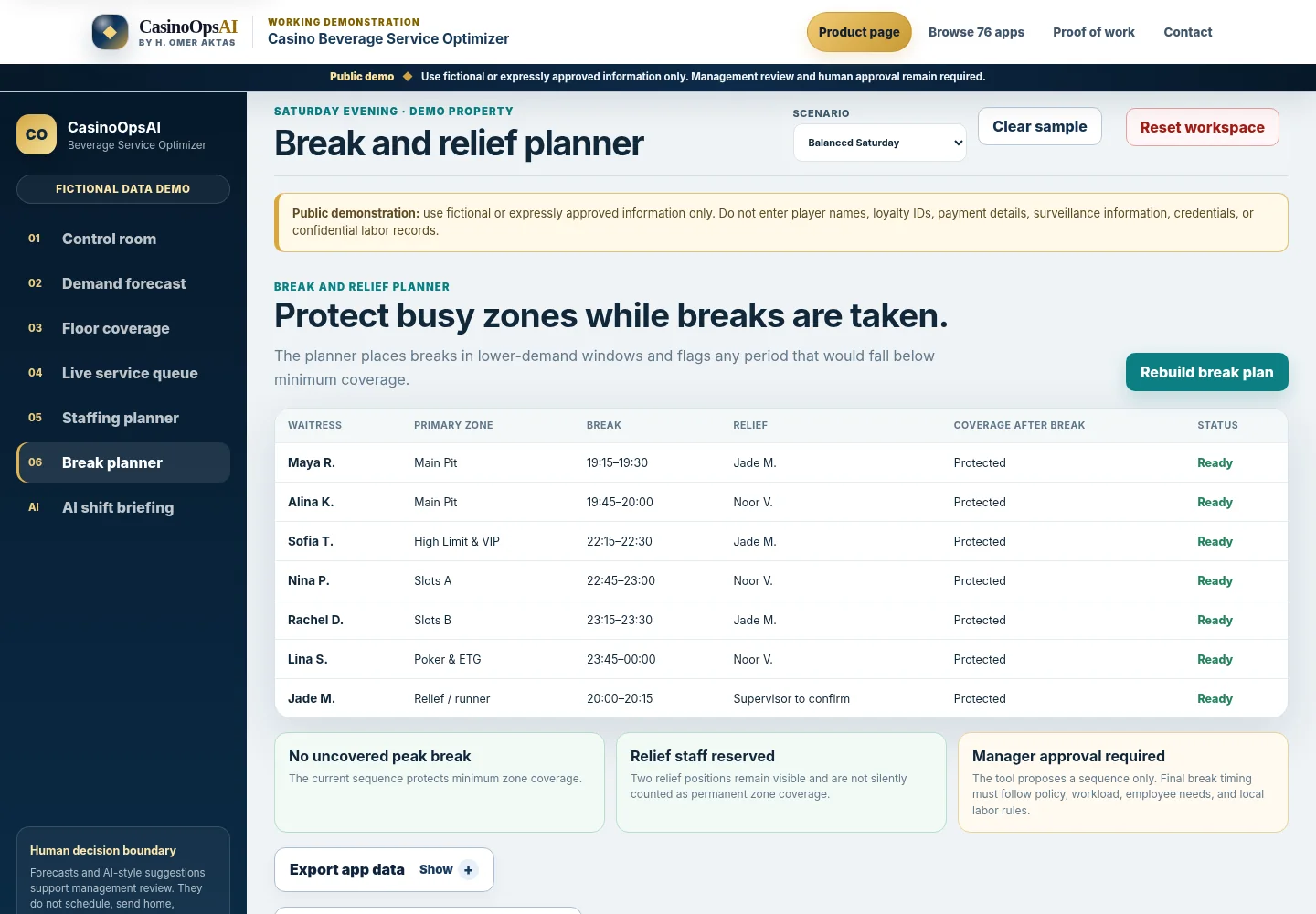 Break and relief planner screen in the Casino Beverage Service Optimizer.