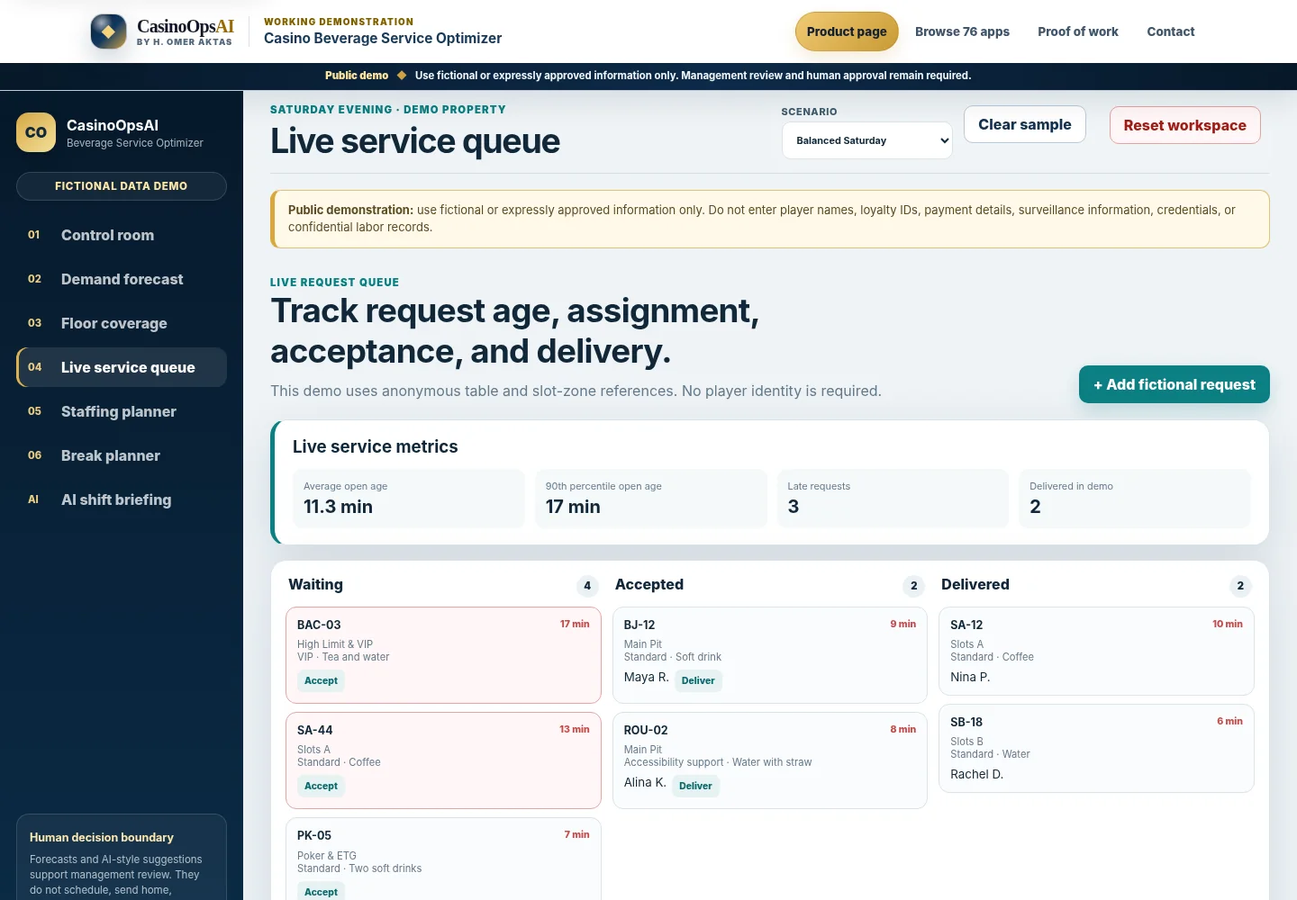 Live service queue screen in the Casino Beverage Service Optimizer.
