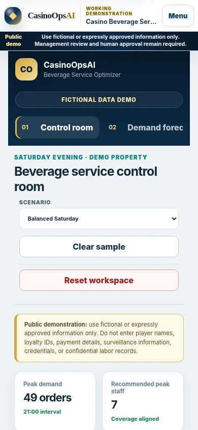 Mobile control room screen in the Casino Beverage Service Optimizer.
