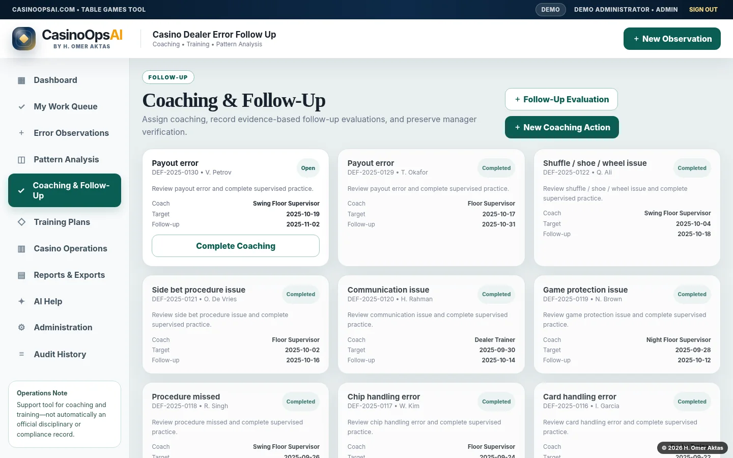 Coaching and follow-up actions assigned to casino table-games staff