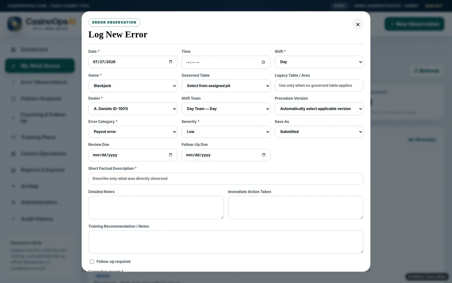 New dealer error observation form with casino operational fields
