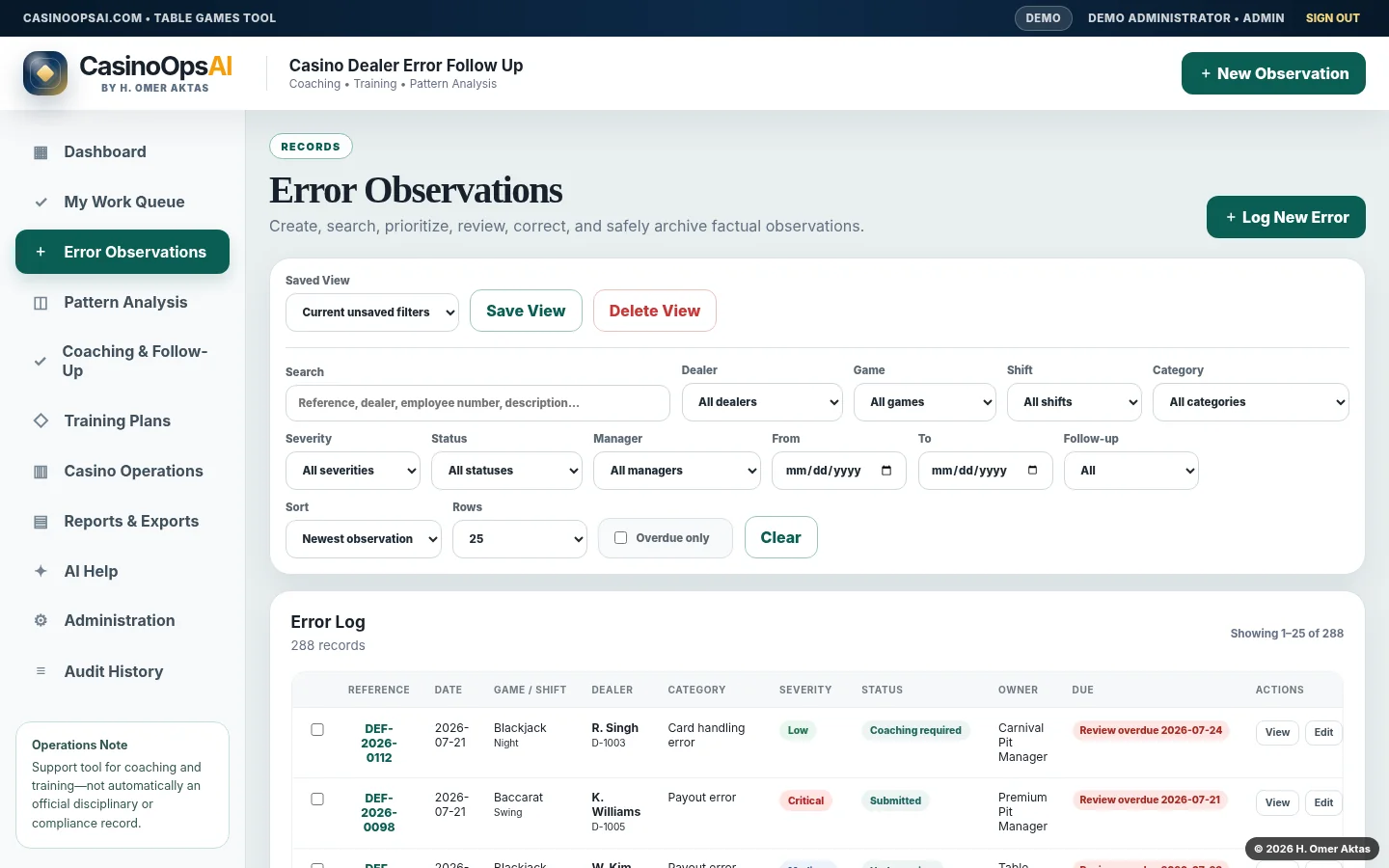 Searchable dealer error observation register