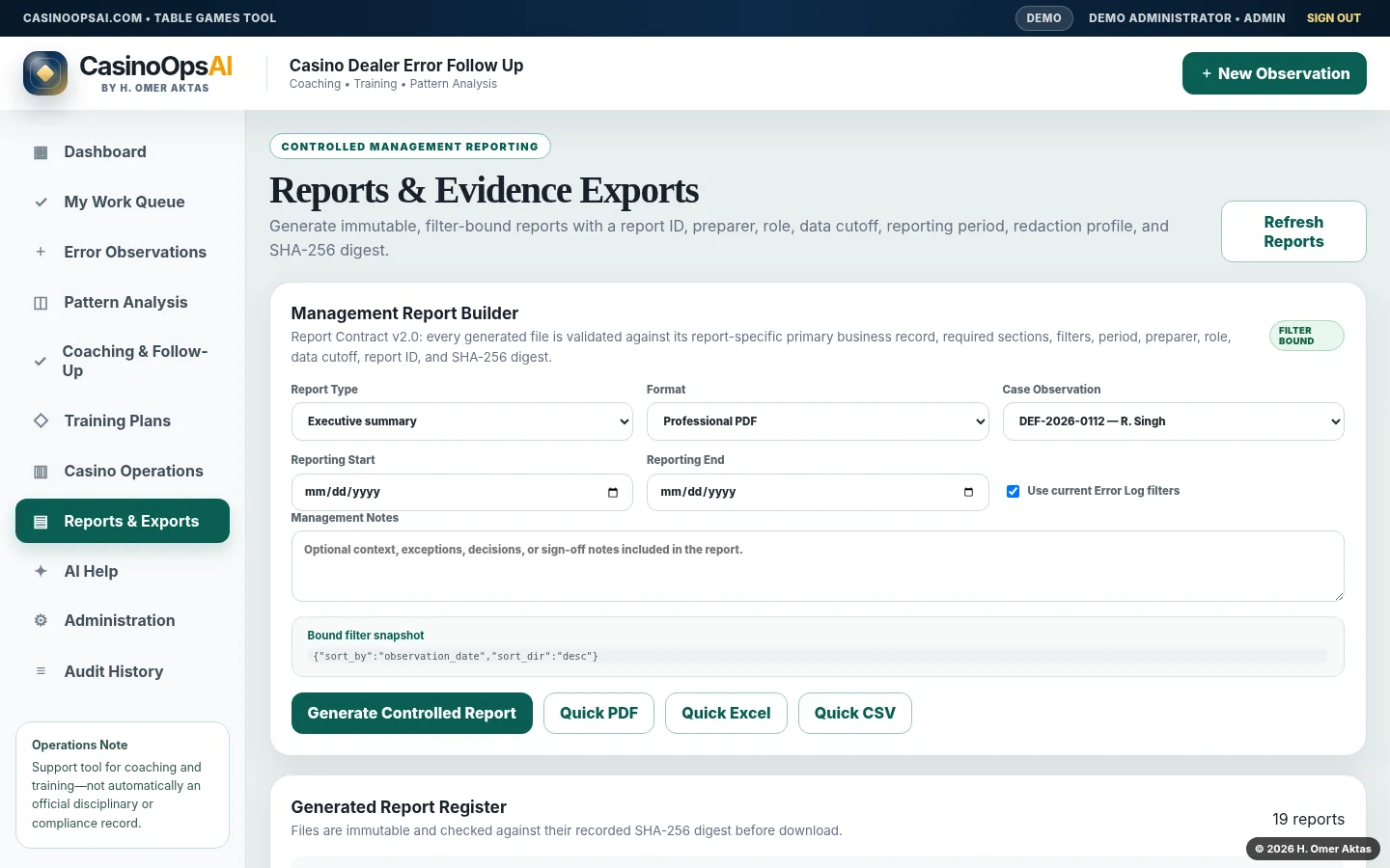 Reports and evidence export workspace with controlled report builder