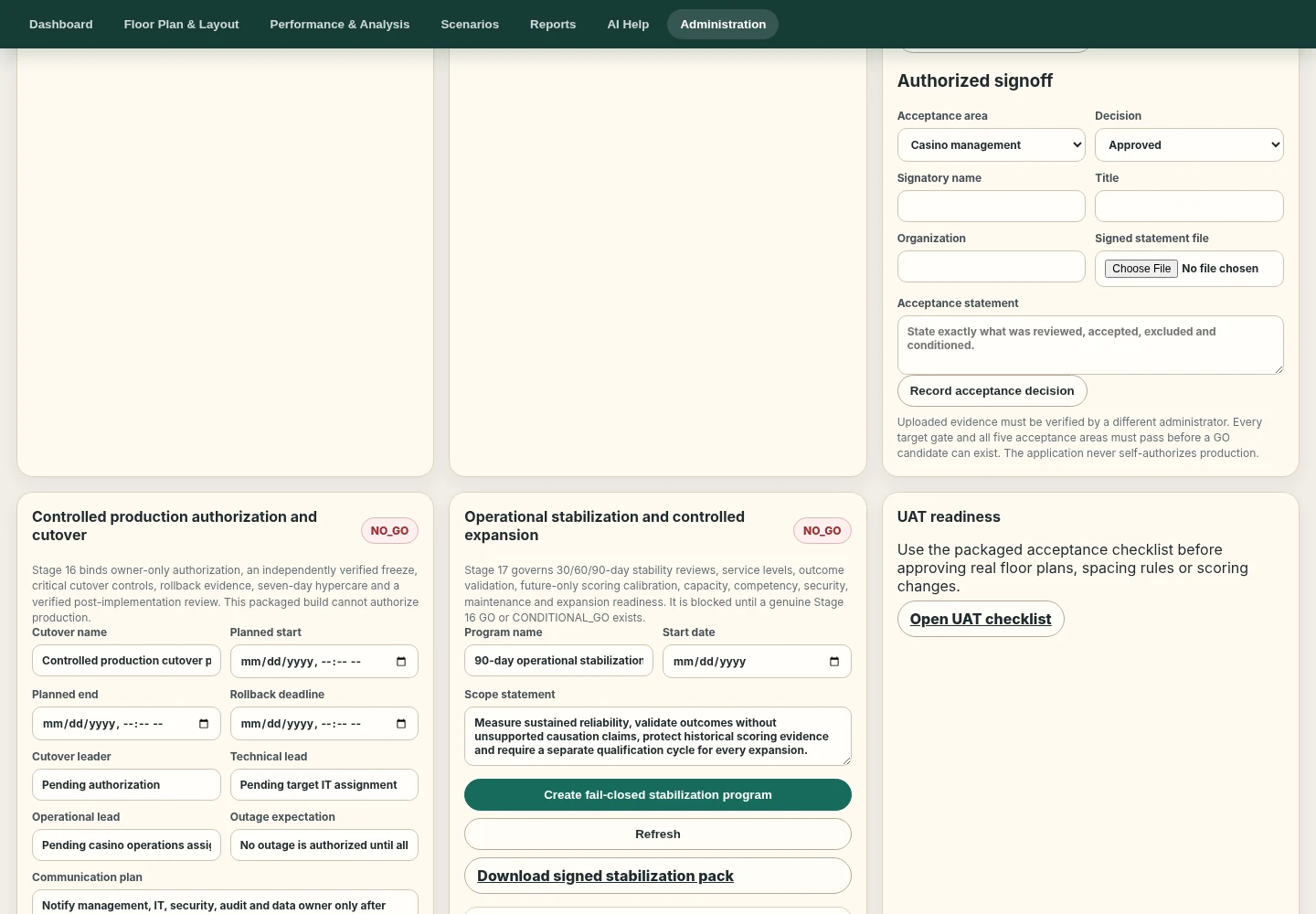 Administration workspace showing production cutover and operational stabilization controls
