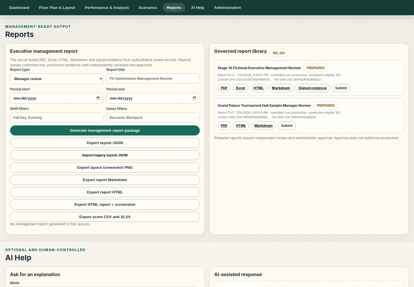 Management report workspace with report filters, export formats and controlled report library