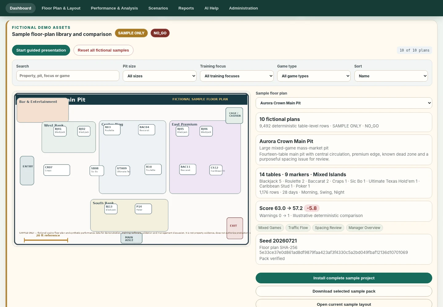 Fictional sample floor-plan library with filters, preview and project details