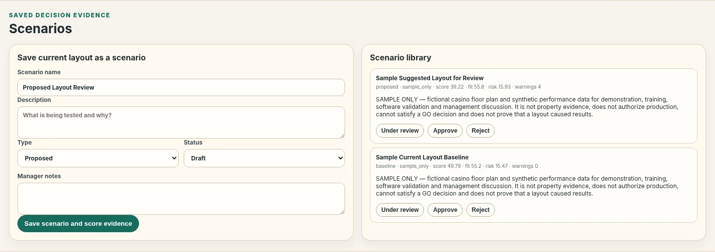Scenario library showing a proposed layout and current baseline with review controls