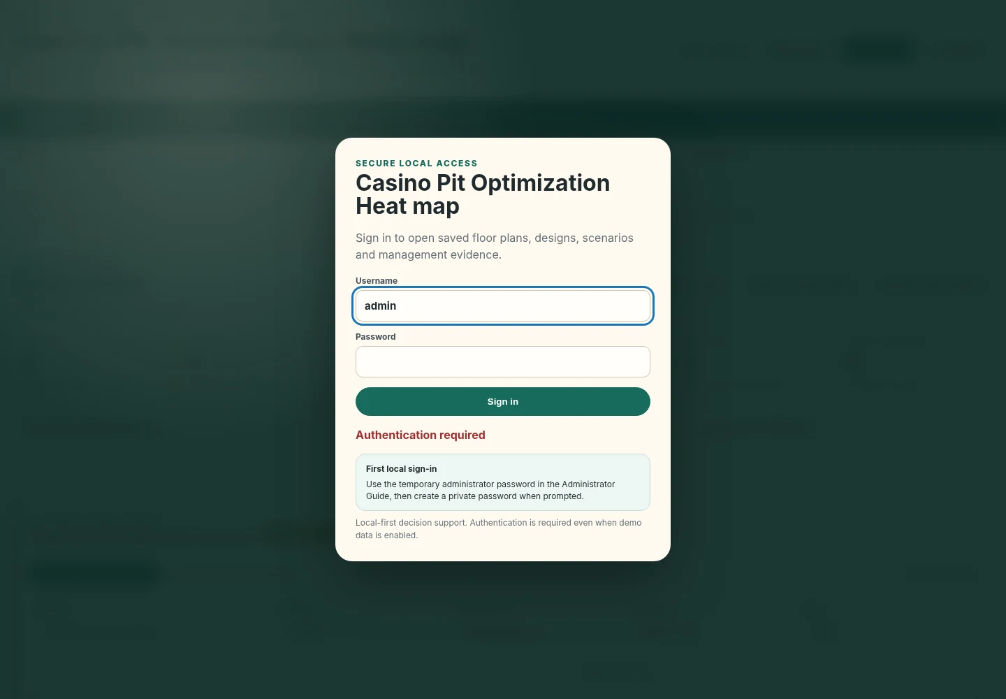 Secure local sign-in screen for the Casino Pit Optimization Heat Map
