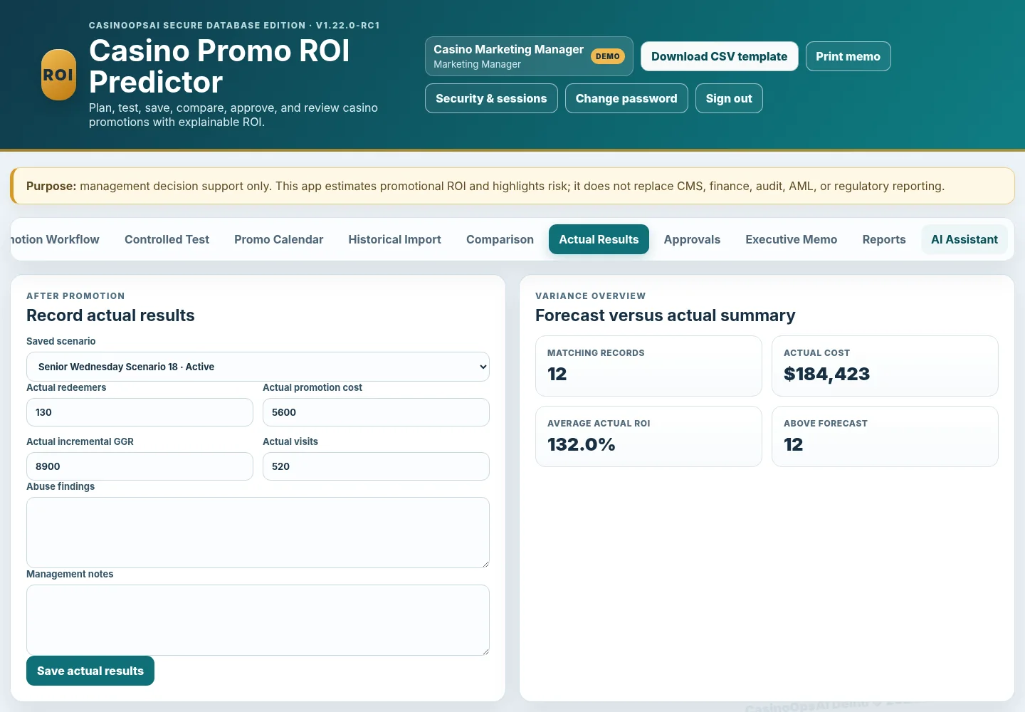 Actual results workspace with realized promotion performance and comparison controls