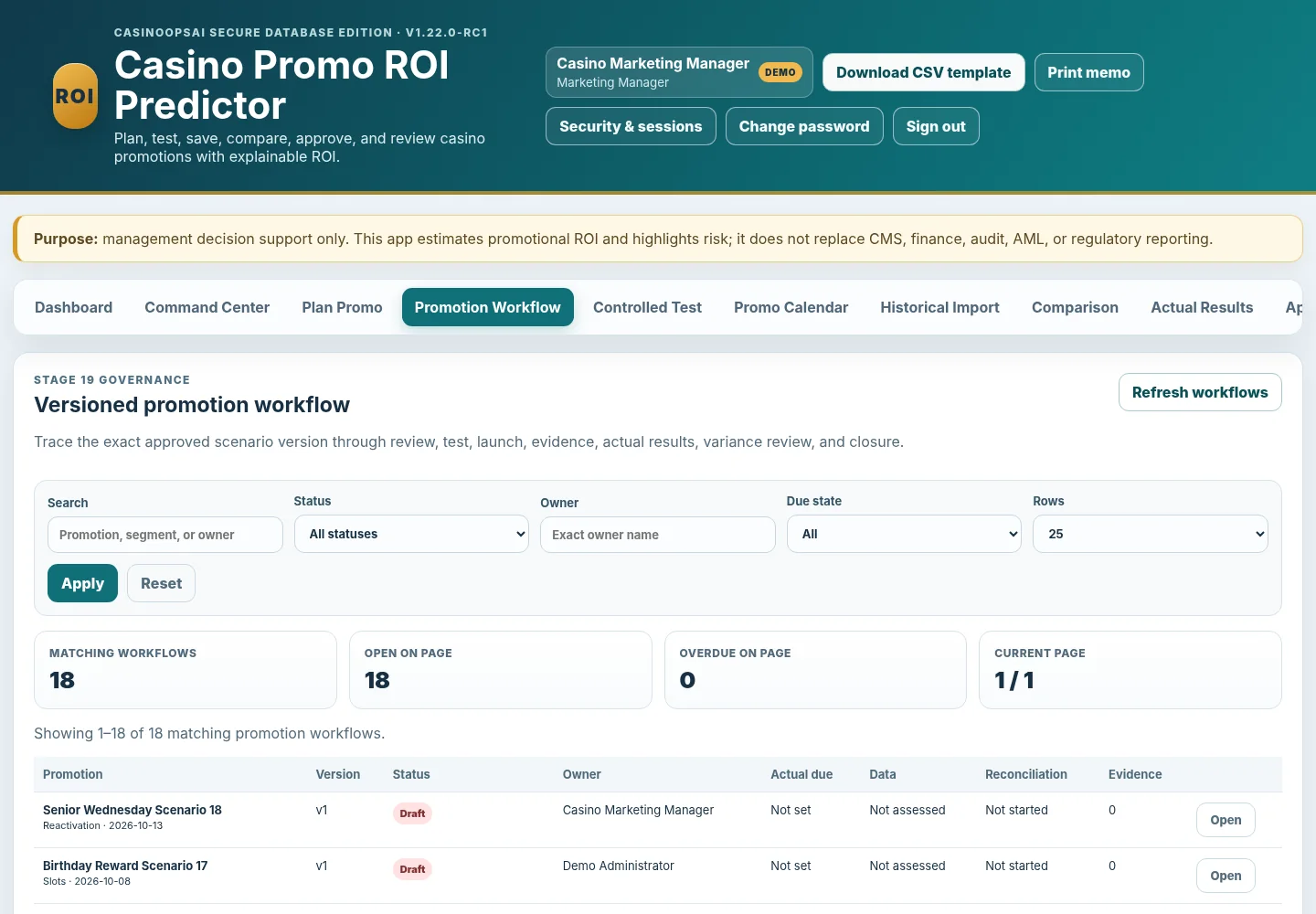 Versioned promotion workflow showing owner, status, actual due state, reconciliation and evidence