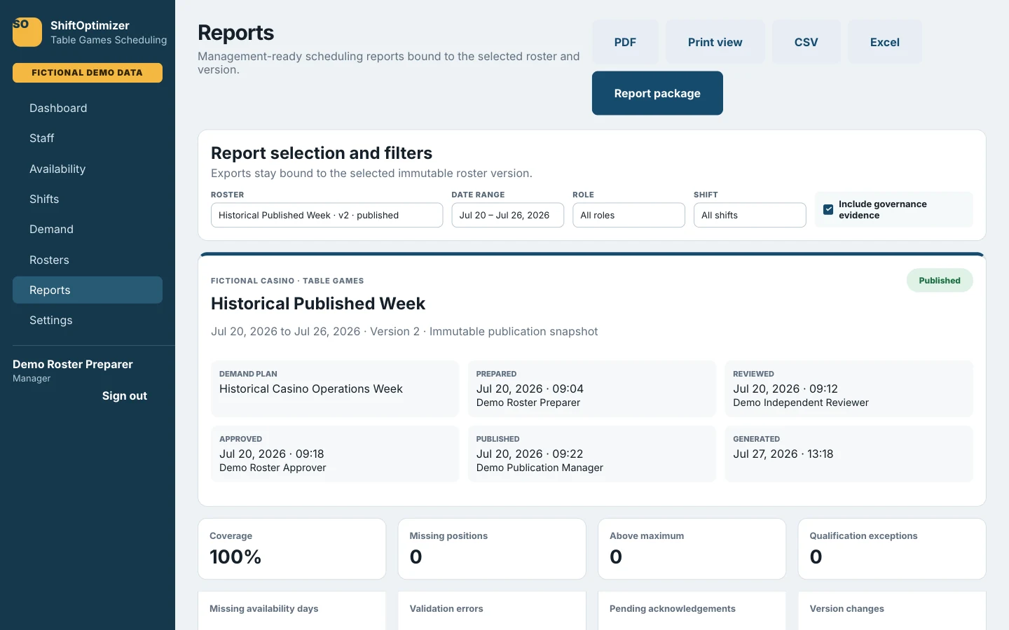 ShiftOptimizer reports screen showing immutable roster identity, governance actors, report filters, and export options.